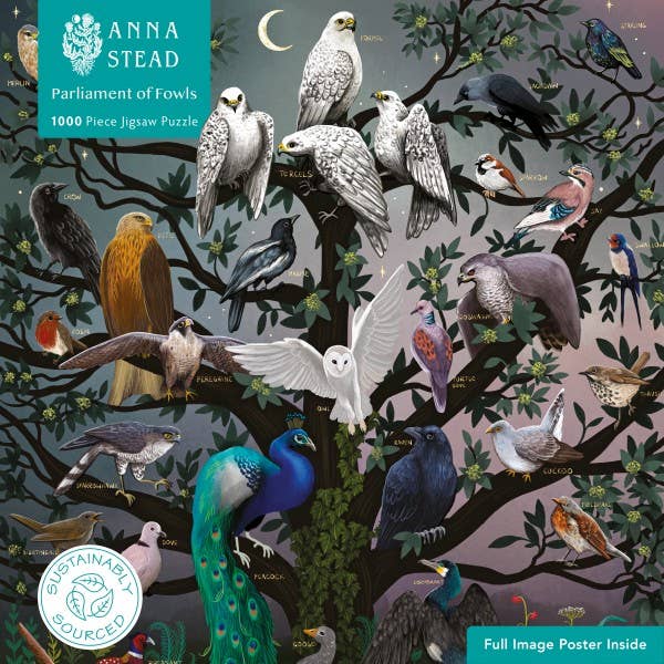 Anna Stead Parliament of Fowls 1000-piece jigsaw puzzle box – Deep in the Forest illustration by Flame Tree