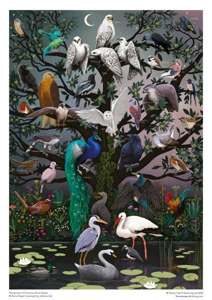 Completed Anna Stead Parliament of Fowls jigsaw puzzle showing full Deep in the Forest illustration – 735×510mm