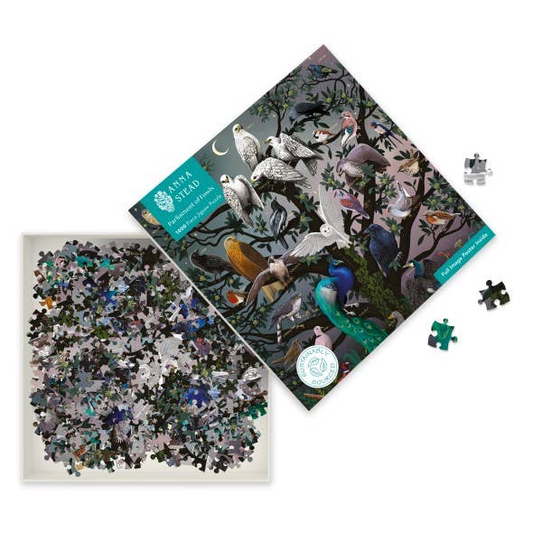 Anna Stead Parliament of Fowls jigsaw puzzle showing assembled pieces and folkloric forest illustration detail