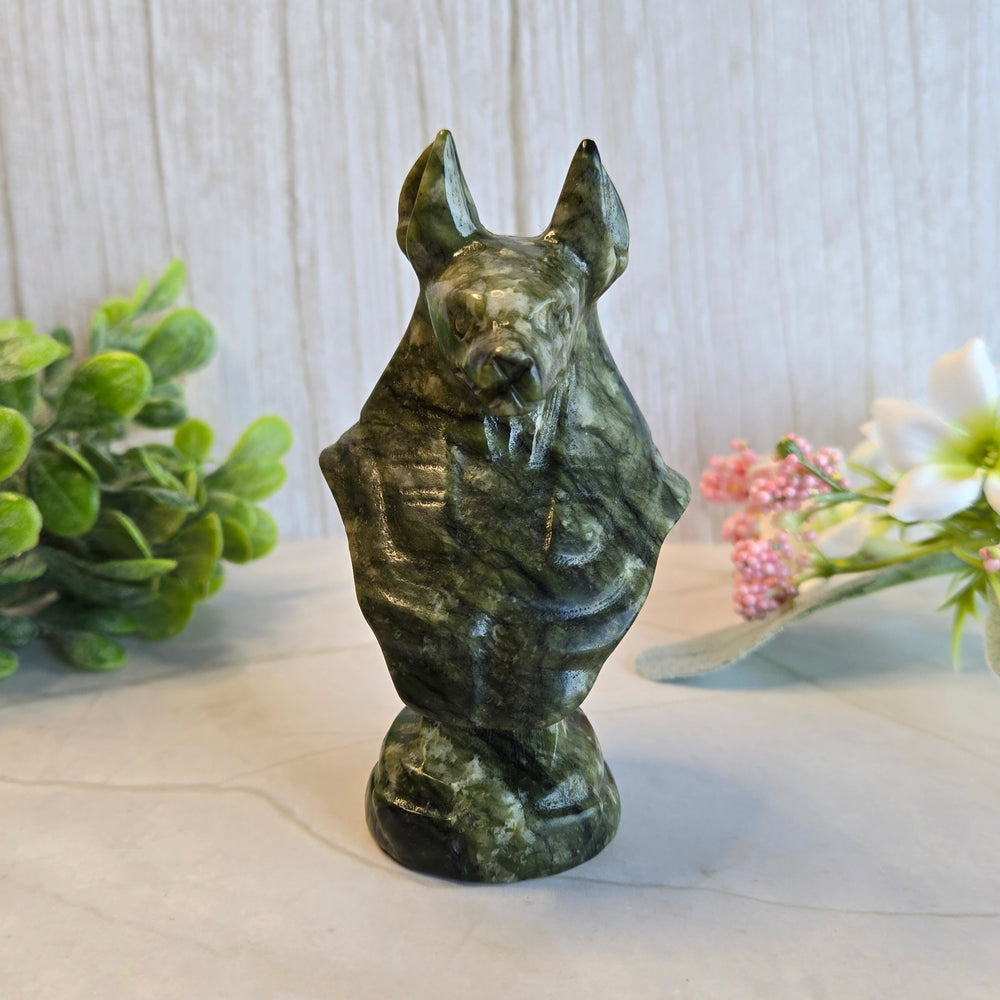 Hand-carved Anubis bust in green serpentine stone, Egyptian god of underworld statue 3.5 inches tall