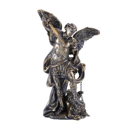 Archangel Michael figurine in faux bronze finish — cold cast resin protection angel statue, 4.75 inches tall