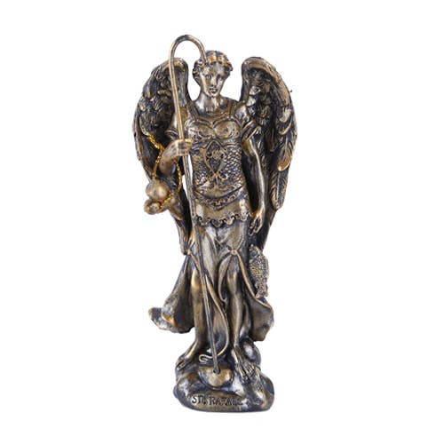 Archangel Raphael figurine in faux bronze finish — cold cast resin healing angel statue, 4.75 inches tall