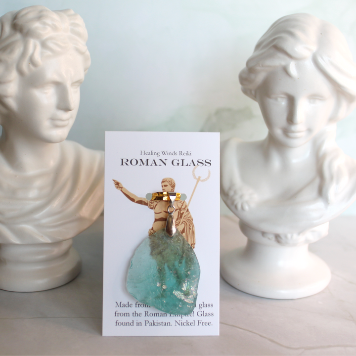 Authentic 2,000 year old Roman glass pendant in blue-green with natural iridescence from Roman Empire