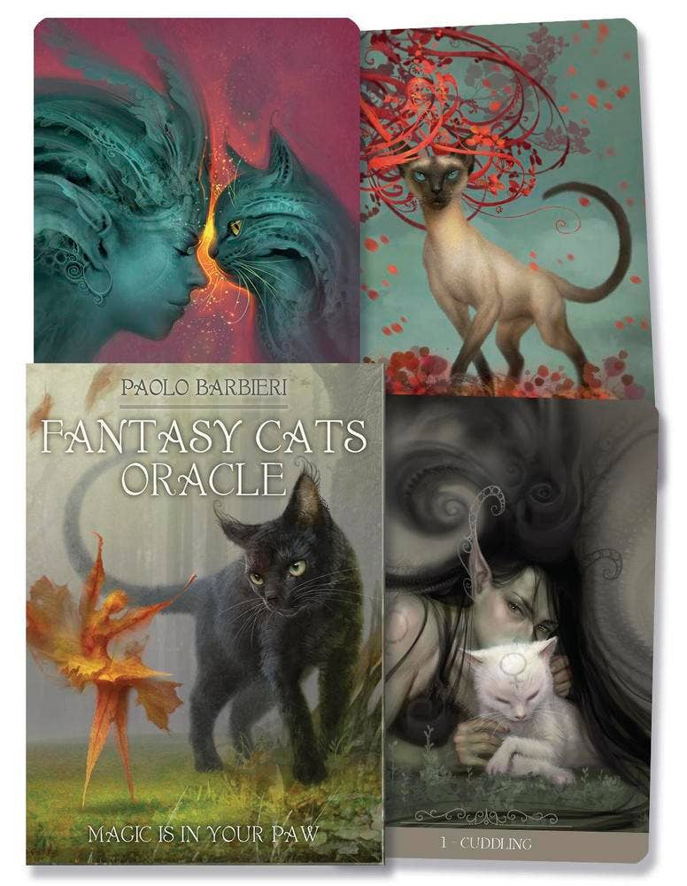 Barbieri Fantasy Cats Oracle 23-card feline oracle deck and boxed set by Paolo Barbieri, published by Lo Scarabeo, featuring ethereal fantasy cat illustrations