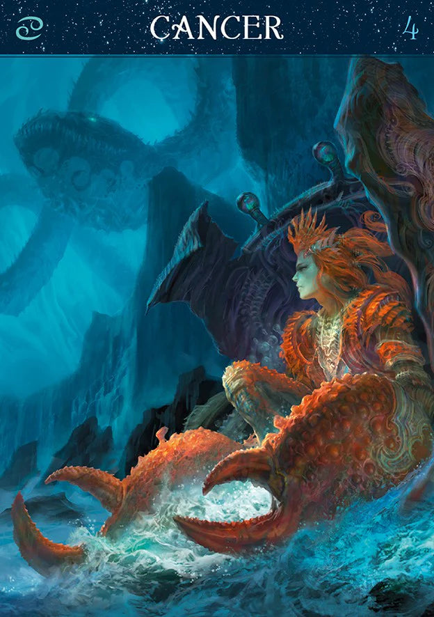 Barbieri Zodiac Oracle zodiac sign card featuring Paolo Barbieri's colorful magical fantasy illustration of Cancer