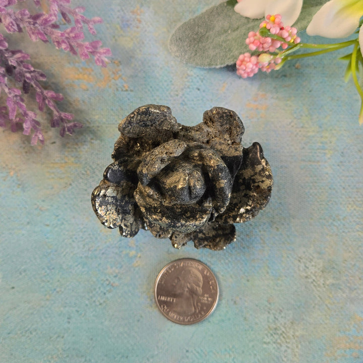 Black pyrite carved flower crystal with quarter coin for size reference, showing gold metallic pyrite inclusions on dark stone
