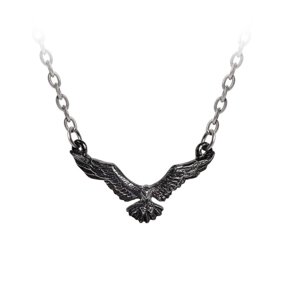 Black raven necklace with flying spread-eagled raven pendant in fine English pewter by Alchemy of England