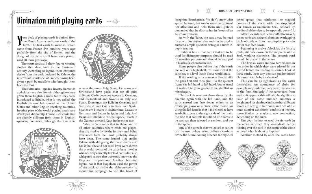Open spread of The Book of Divination showing illustrated interior pages on divination techniques