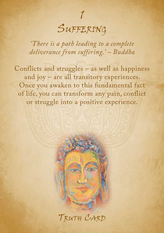 Card 1 Suffering from Buddhism Oracle by Sofan Chan — Truth Card with Buddha quote: There is a path leading to a complete deliverance from suffering