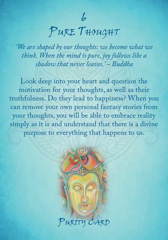 Card 6 Pure Thought from Buddhism Oracle by Sofan Chan — Purity Card with Buddha quote: When the mind is pure, joy follows like a shadow that never leaves