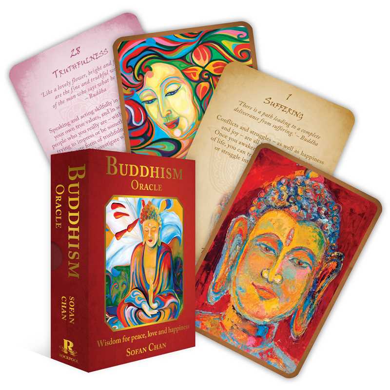 Buddhism Oracle deck box and sample cards by Sofan Chan — showing Truthfulness, Suffering and colorful Buddha portrait cards with 112-page guidebook, published by Rockpool