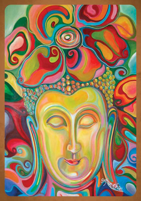 Buddhism Oracle card face by Sofan Chan — vivid acrylic Buddha portrait with swirling multicolor floral headdress in red, green, orange and teal tones