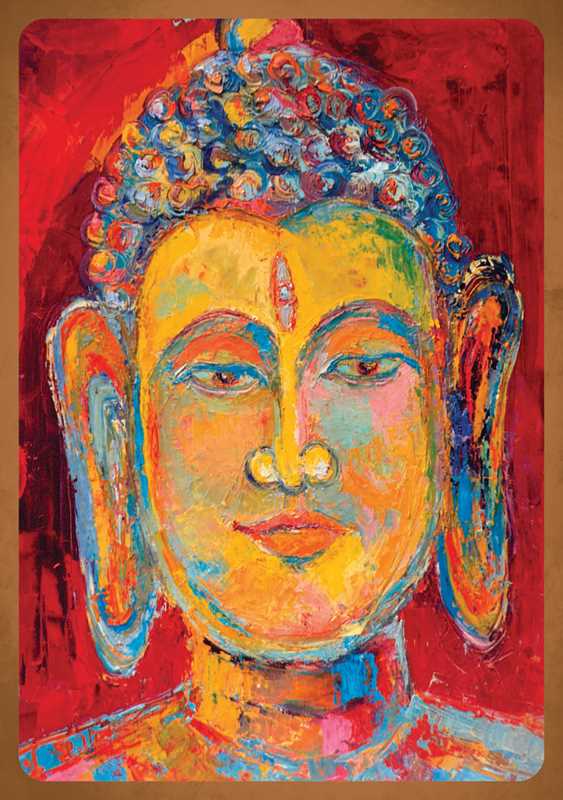 Buddhism Oracle card face by Sofan Chan — bold acrylic Buddha portrait with blue curled hair crown on deep red background in warm yellow and teal tones