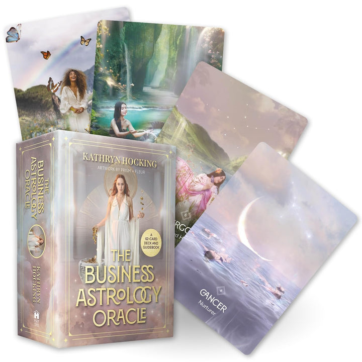 The Business Astrology Oracle by Kathryn Hocking box with four sample cards, including Cancer and Virgo.