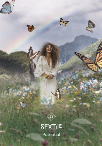 Sextile “Potential” card from The Business Astrology Oracle, showing a woman in a flower-filled meadow with butterflies and a rainbow.