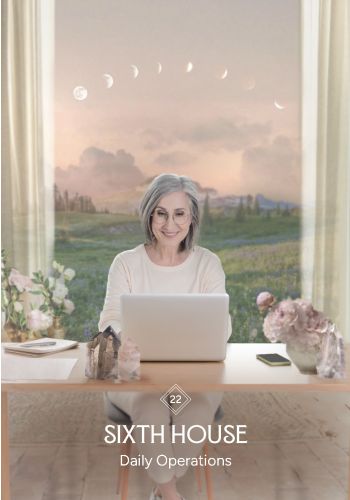 Sixth House “Daily Operations” card from The Business Astrology Oracle, featuring a woman at a laptop beneath a sequence of moon phases.