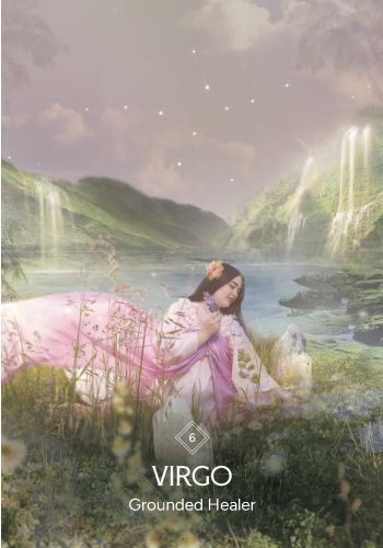 Virgo “Grounded Healer” card from The Business Astrology Oracle, showing a woman reclining among flowers beside water and green hills.