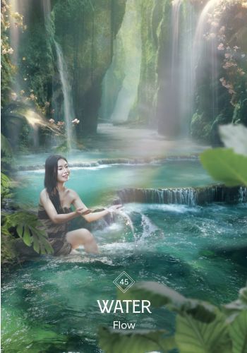 Water “Flow” card from The Business Astrology Oracle, featuring a woman cupping water in a turquoise forest pool surrounded by waterfalls.