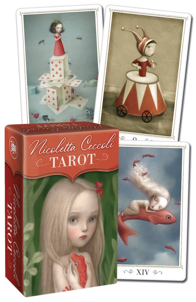 Ceccoli Tarot Mini pocket-size 78-card deck and box by Nicoletta Ceccoli, published by Lo Scarabeo, shown with cards displayed at 1.7 by 3.1 inches