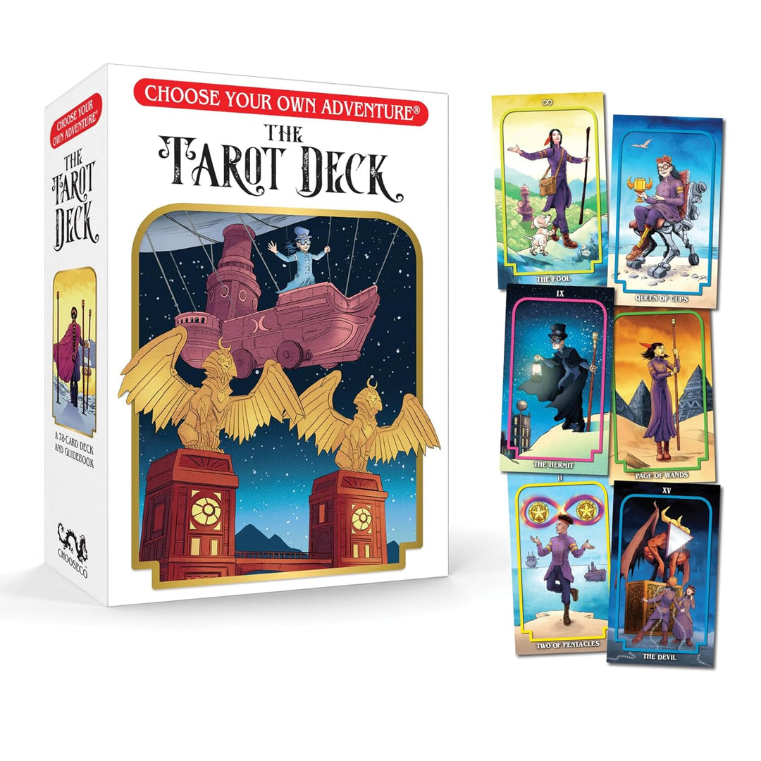 Choose Your Own Adventure Tarot Deck box with sample cards displayed, Rider-Waite inspired illustrated tarot set
