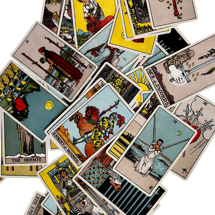 78 Classic 1909 Rider-Waite Tarot cards spread out showing Major and Minor Arcana including Knight of Wands, Ace of Swords, and The Hermit