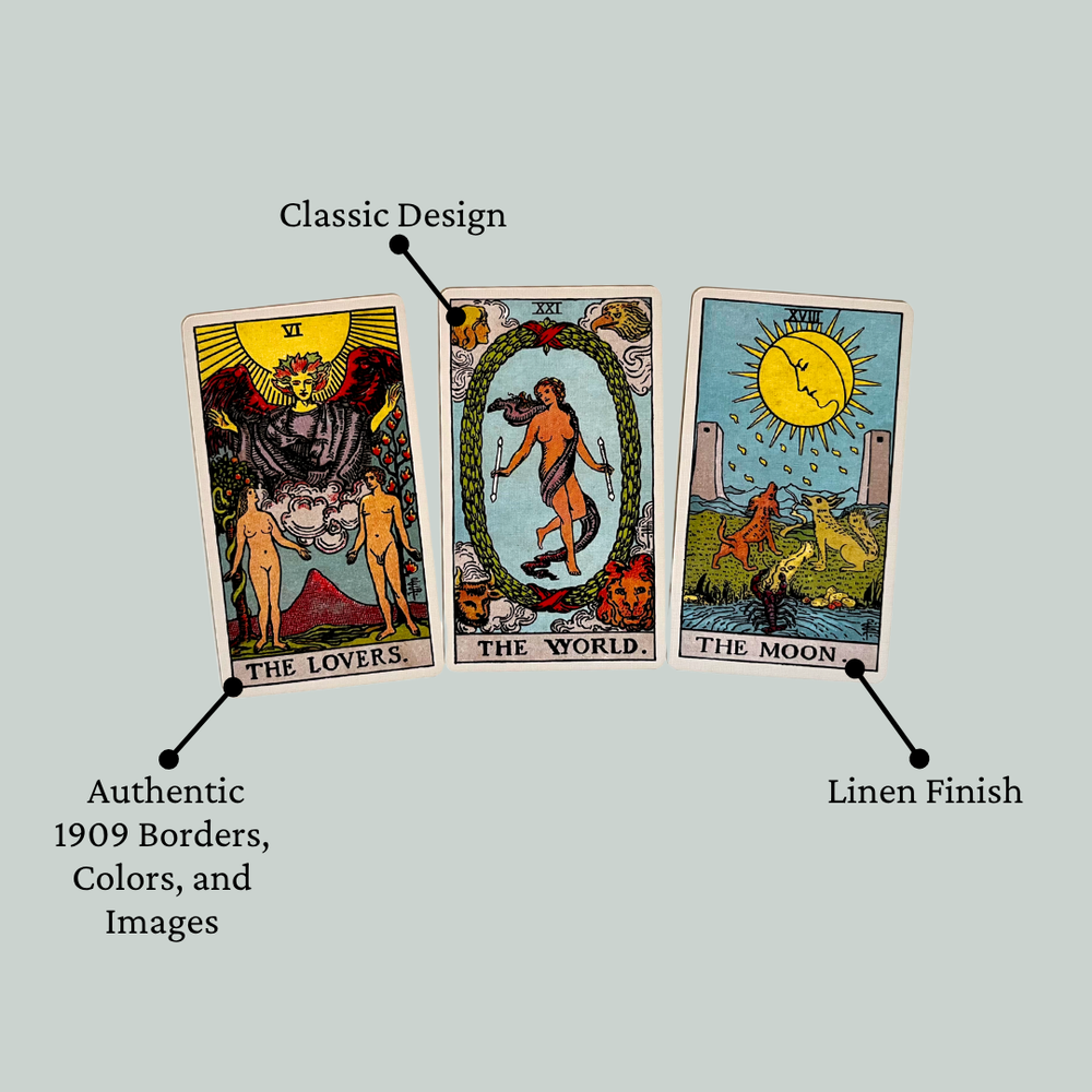 Classic 1909 Rider-Waite Tarot cards — The Lovers, The World, and The Moon — showing authentic linen finish and original Pamela Colman Smith artwork