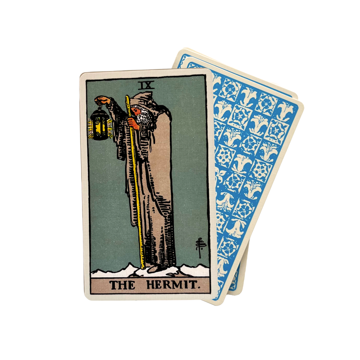 The Hermit Major Arcana card from the Classic 1909 Rider-Waite Tarot Deck showing front and patterned card back