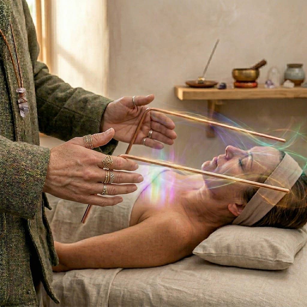 Practitioner using copper dowsing rods for energy work and aura reading over reclining client in healing room