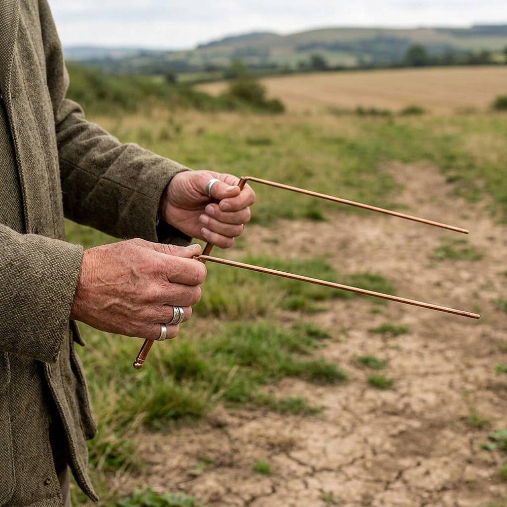 Hands holding copper dowsing rods parallel to ground during outdoor divination session in open field