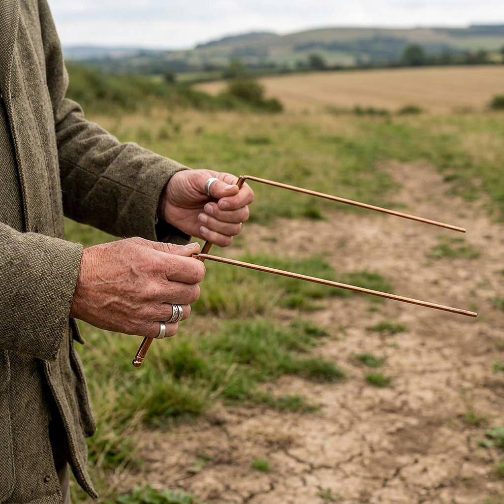 Hands holding copper dowsing rods parallel to ground during outdoor divination session in open field