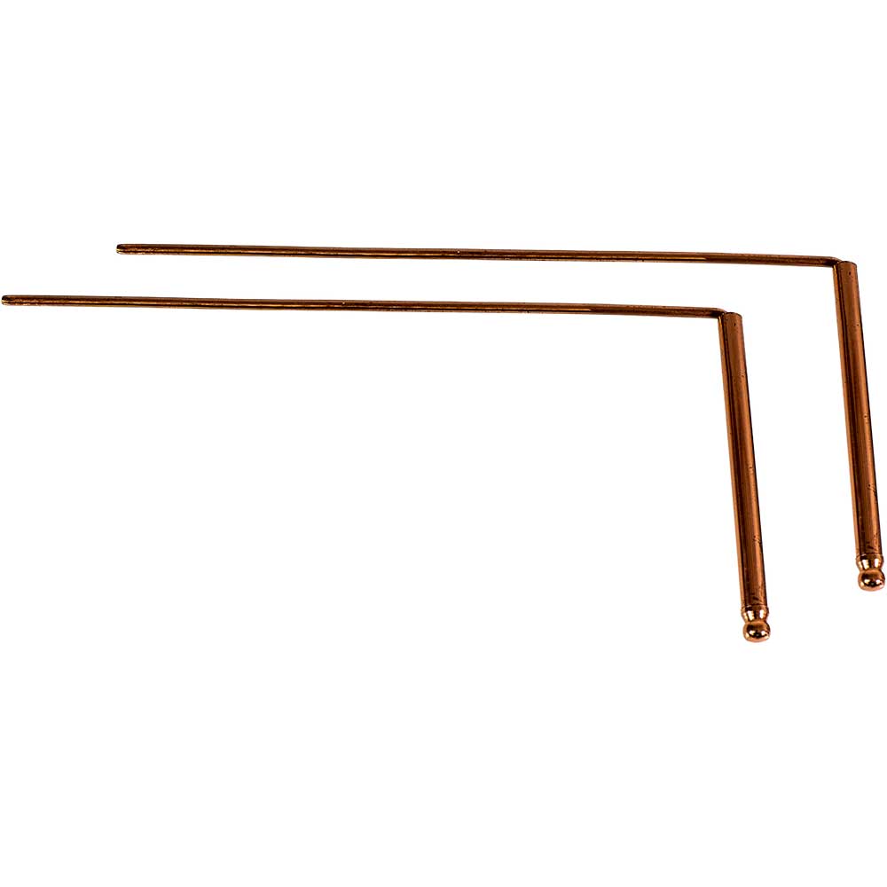 Set of two L-shaped copper dowsing rods with ball-tipped handles on white background