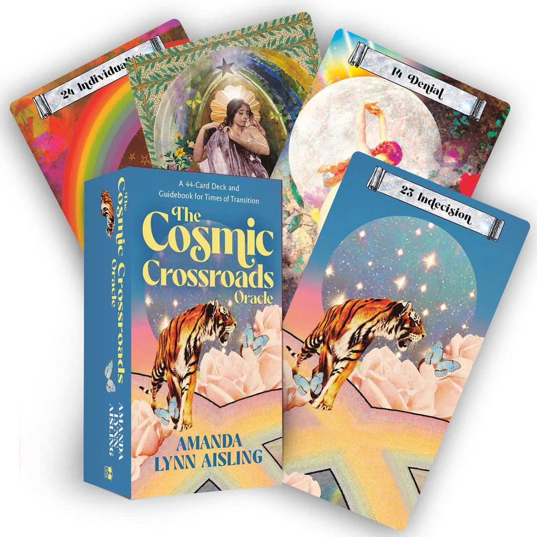 The Cosmic Crossroads Oracle deck box with 44 cards fanned out showing mystic artwork by Amanda Lynn Aisling
