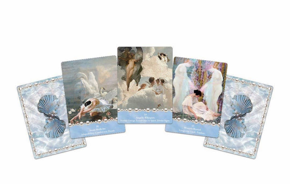 Five Cosmic Pearl Oracle cards fanned out showing celestial angelic artwork with pearl borders