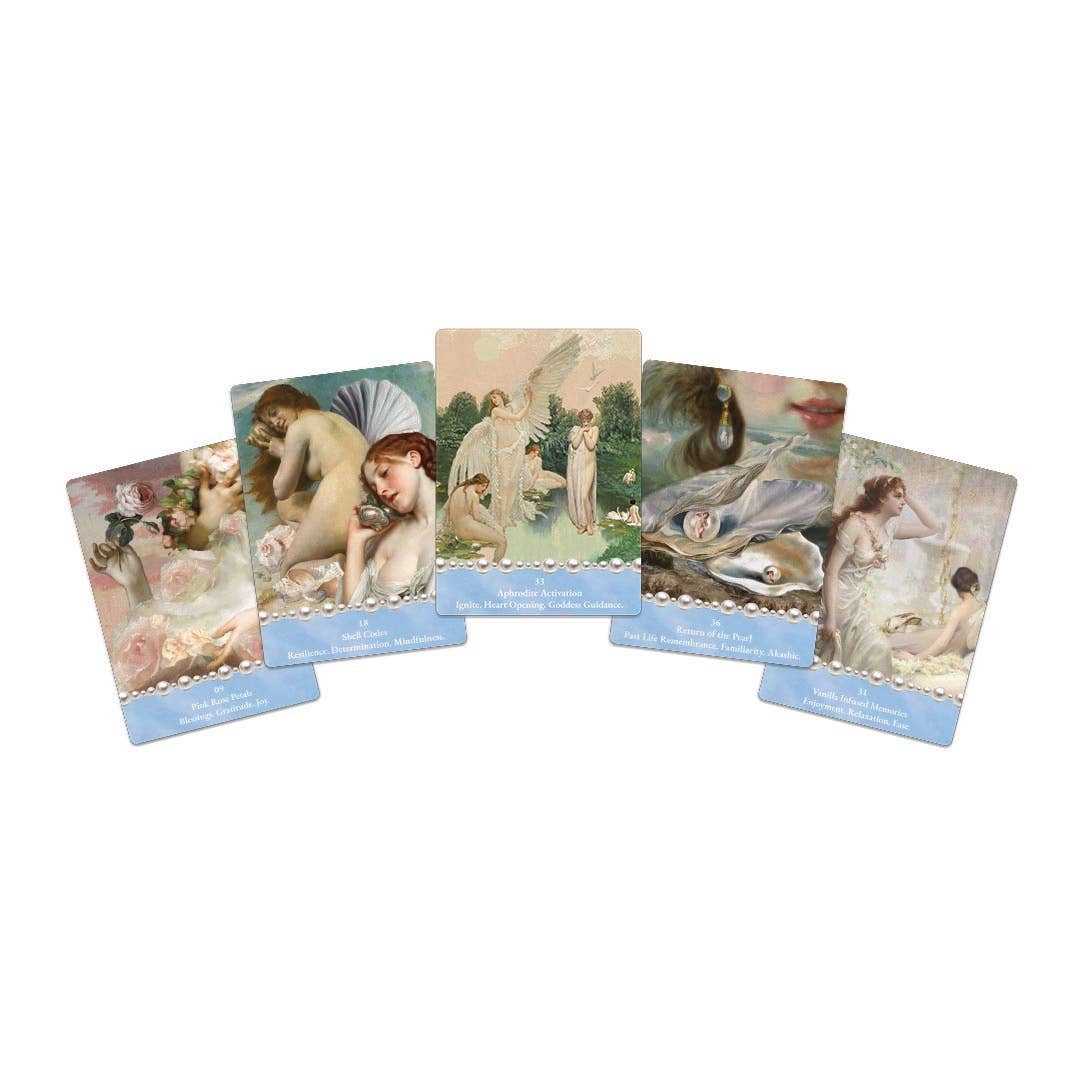 Five Cosmic Pearl Oracle cards fanned out featuring goddess and romantic mythological artwork