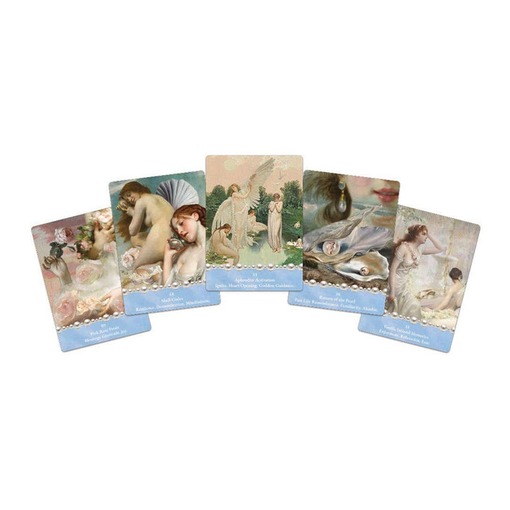 Five Cosmic Pearl Oracle cards fanned out featuring goddess and romantic mythological artwork