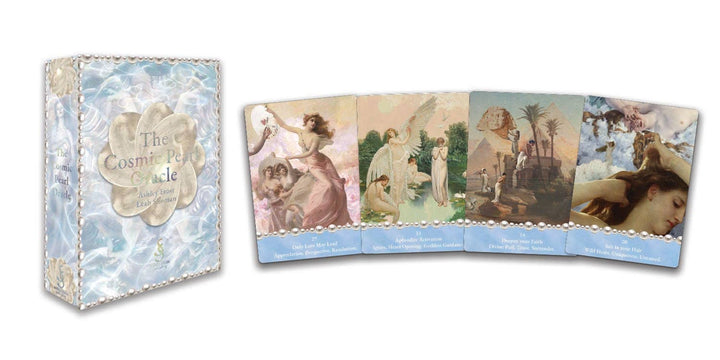 Cosmic Pearl Oracle deck box beside four spread oracle cards with divine feminine mythology artwork
