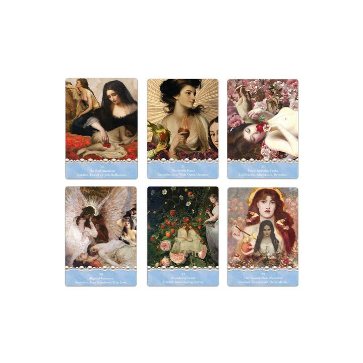 Six Cosmic Pearl Oracle cards in a grid showing goddess healing and divine feminine artwork with pearl borders