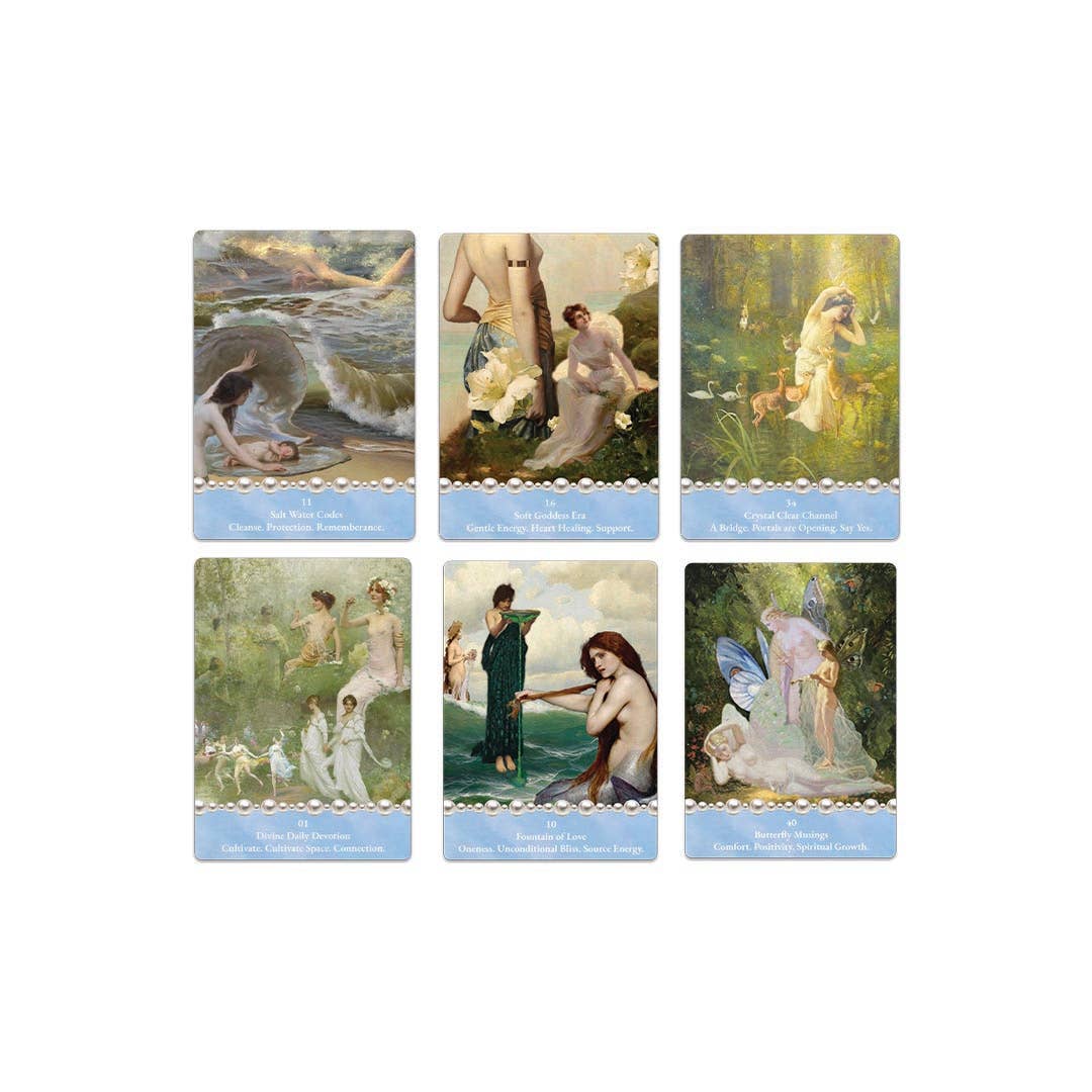 Six Cosmic Pearl Oracle cards in a grid featuring water goddess, mermaid, and fairy oracle artwork