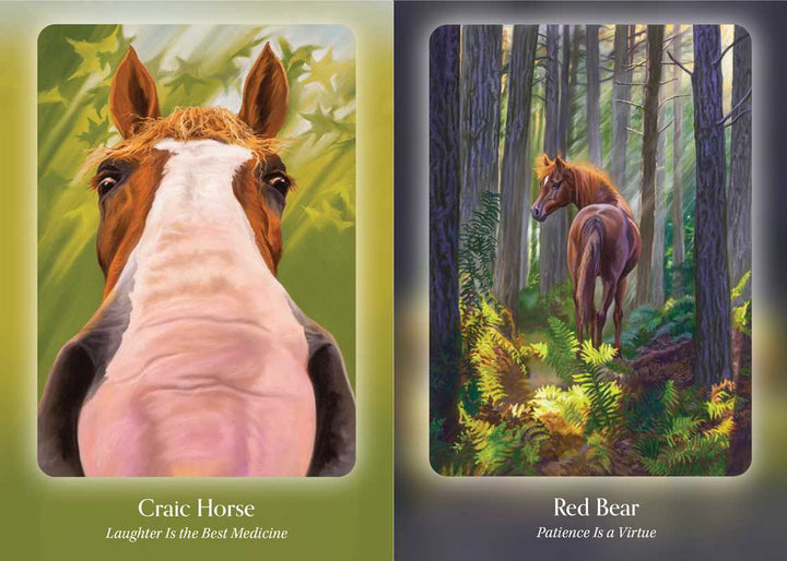 Council of Horses Oracle sample cards — Craic Horse Laughter Is the Best Medicine and Red Bear Patience Is a Virtue