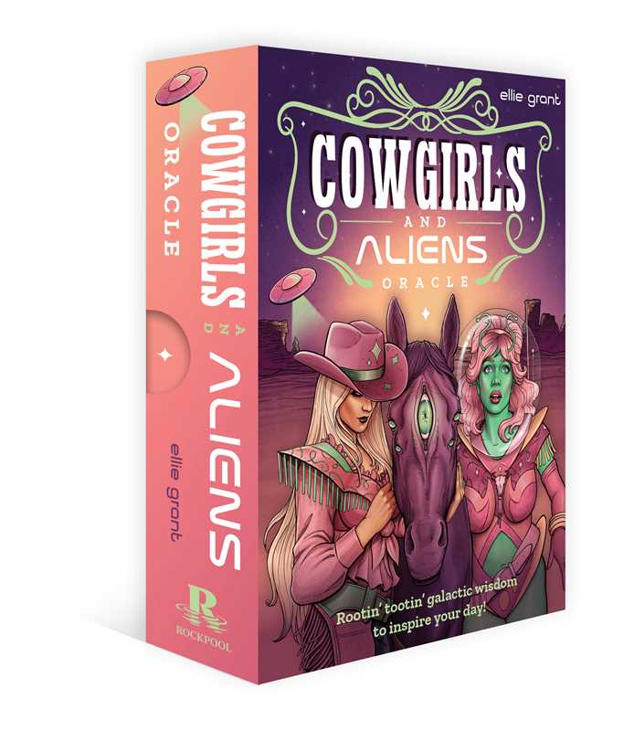 3D render of the Cowgirls and Aliens Oracle deck box showing front cover and coral-pink spine with author name Ellie Grant and Rockpool Publishing logo