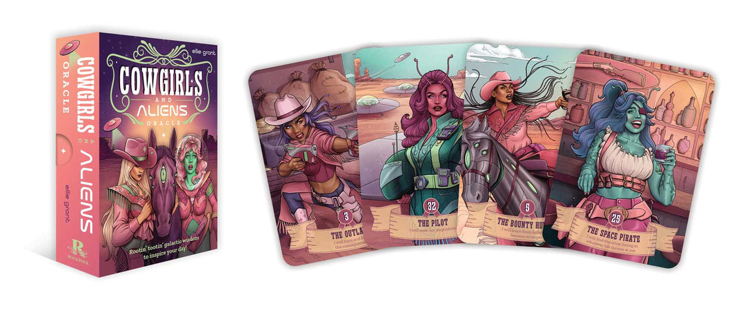 Cowgirls and Aliens Oracle deck box by Ellie Grant with four cards fanned out showing card 3 The Outlaw, card 32 The Pilot, card 5 The Bounty Hunter, and card 26 The Space Pirate, published by Rockpool