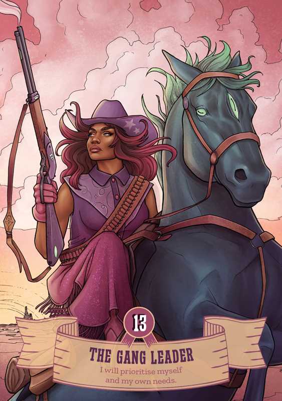 Cowgirls and Aliens Oracle card 13 — The Gang Leader — a brown-skinned cowgirl in a purple hat holding a rifle astride a dark supernatural horse against a dramatic pink smoke-filled desert sky, affirmation: "I will prioritise myself and my own needs"