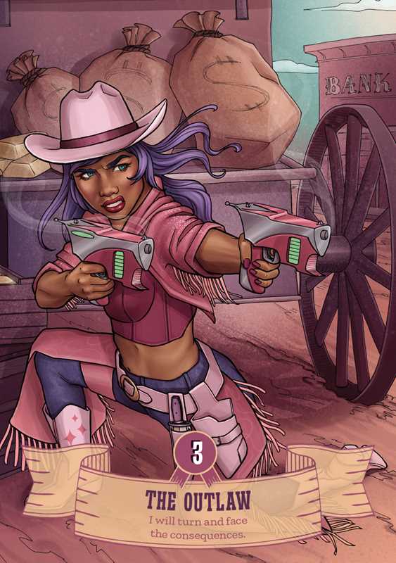 Cowgirls and Aliens Oracle card 3 — The Outlaw — a dark-skinned cowgirl with purple hair wielding two futuristic ray guns outside a bank in a dusty western town, affirmation: "I will turn and face the consequences"