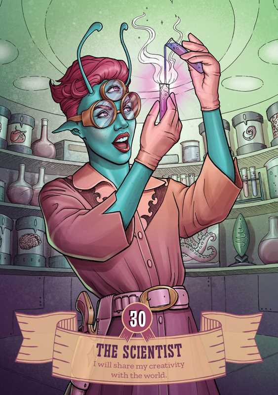 Cowgirls and Aliens Oracle card 30 — The Scientist — a teal-skinned alien woman with pink hair and steampunk goggles holding a glowing test tube in a laboratory, affirmation: "I will share my creativity with the world"