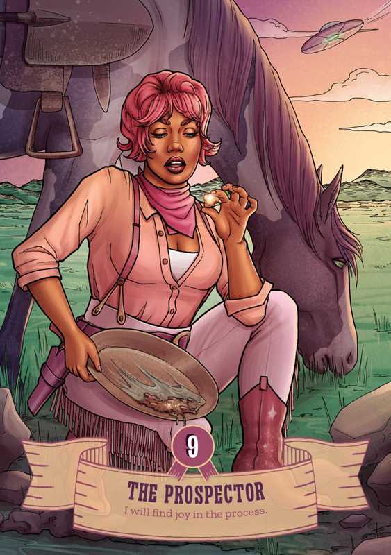 Cowgirls and Aliens Oracle card 9 — The Prospector — a pink-haired cowgirl examining a glowing gem from a gold pan while seated beside a grey horse under a UFO-lit sunset sky, affirmation: "I will find joy in the process"