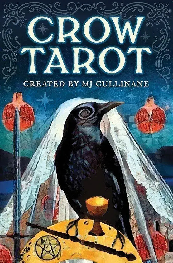 Crow Tarot box cover by MJ Cullinane — veiled black crow with chalice, pentacle moon, and pomegranates on midnight blue background