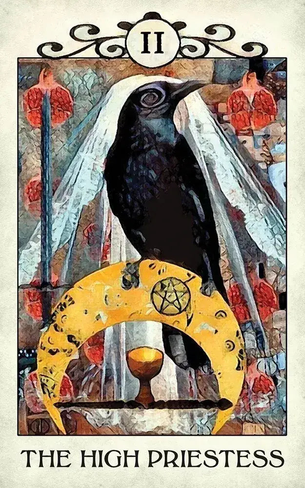 Crow Tarot card II — The High Priestess: veiled crow perched on crescent moon with pentacle and chalice, digital collage by MJ Cullinane