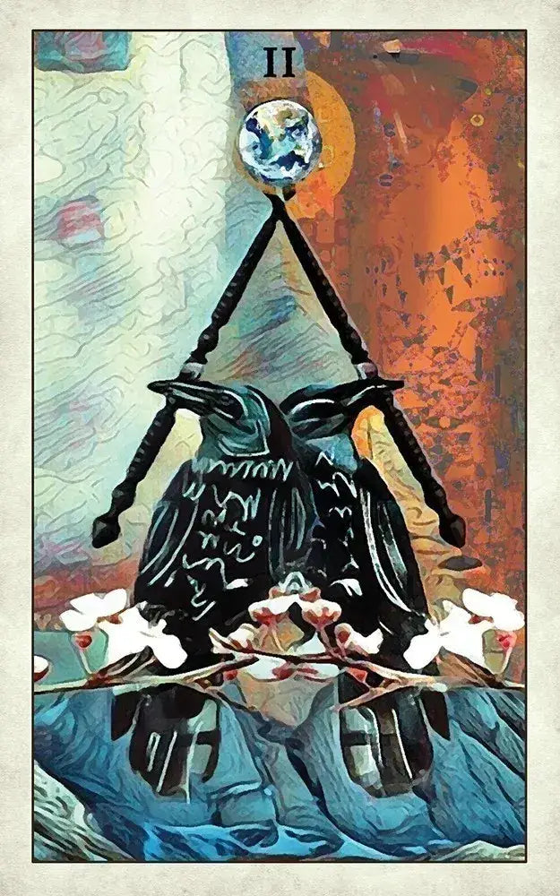 Crow Tarot Two of Swords: crow with crossed swords forming a triangle, earth globe above, cherry blossoms and water below, digital collage by MJ Cullinane