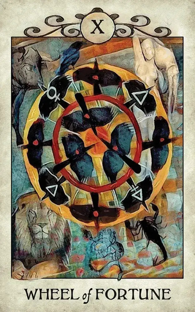 Crow Tarot card X — Wheel of Fortune: eight crows arranged on a golden wheel with alchemical symbols, lion and sphinx, digital collage by MJ Cullinane