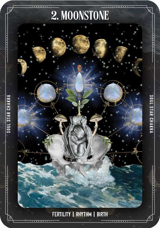 Sample card Moonstone from Crystal Alchemy Oracle deck featuring crystal transformation imagery, moons, fertility
